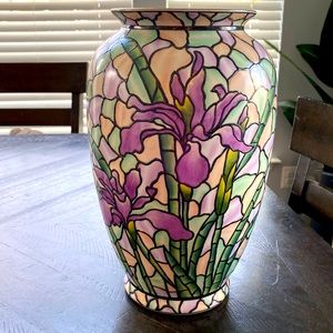 Chinese Handpainted Vase Purple Iris Stain Glass Look 24 inch